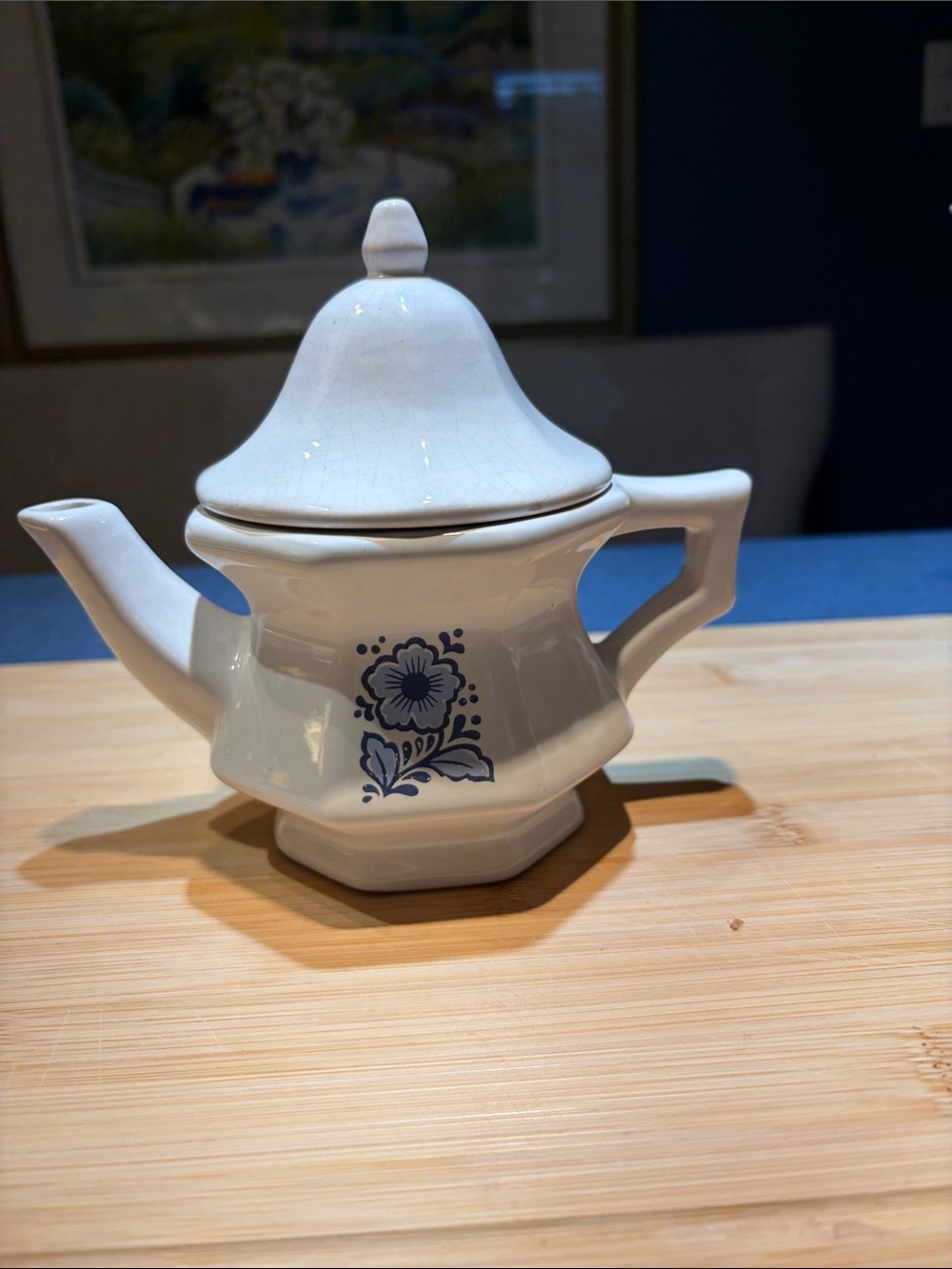 Classic Avon White Ceramic Teapot with Blue Floral Accent